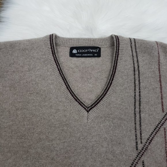 OXFORD Super Lambswool Lambs Wool V Neck Sweater 40 or US M Beige Brown Stripe - Picture 4 of 12